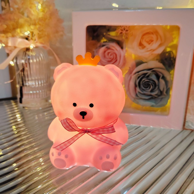 LED 동물 탁상램프 [왕관 쓴 분홍색 곰+리본포함]